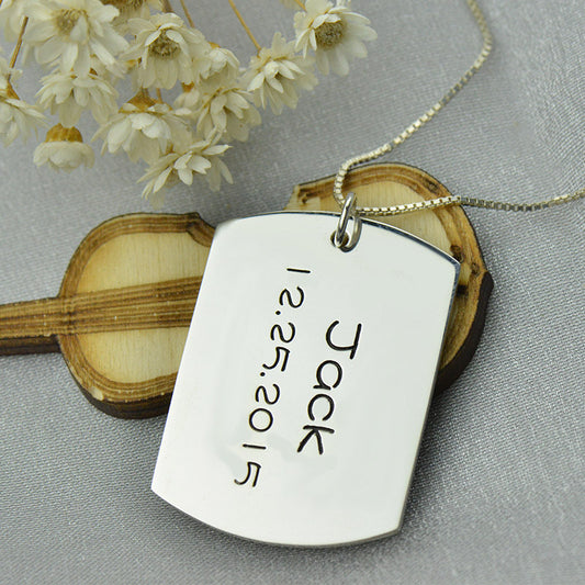 Personalized Dog Tag Pendant with Name and Birth Date 925 Silver
