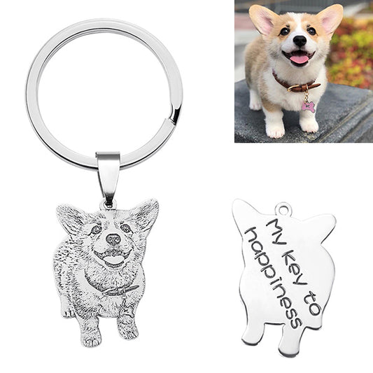 personalized dog portrait keychain with engraving text my key to happiness in the back